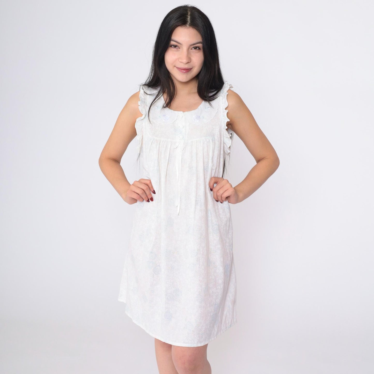 90s White Floral Nightgown Peter Pan Collar Embroidered Ruffled Mini Small