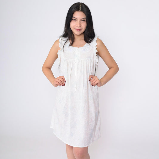 90s White Floral Nightgown Peter Pan Collar Embroidered Ruffled Mini Small