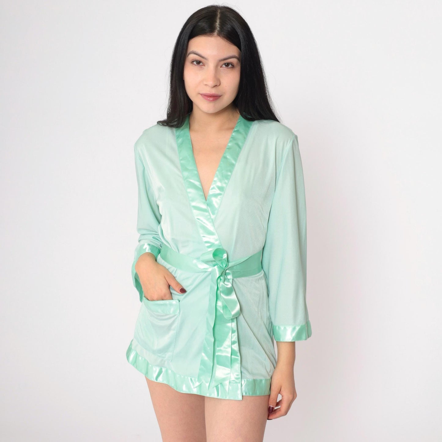 80s Mint Green Satin Trim Pajama Robe Wrap Tie Front Mini Medium