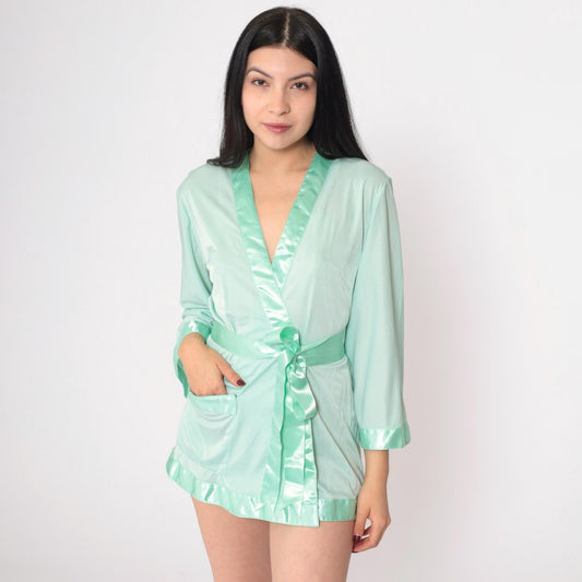 80s Mint Green Satin Trim Pajama Robe Wrap Tie Front Mini Medium