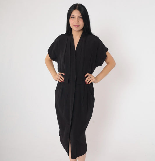 90s Black Button-Up Midi Dress V-Neck Pleated Sheath Small Petite