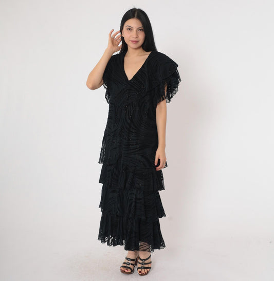90s Black Glitter Tiger Stripe Dress Flutter Sleeve V-Neck Ankle Length Large L