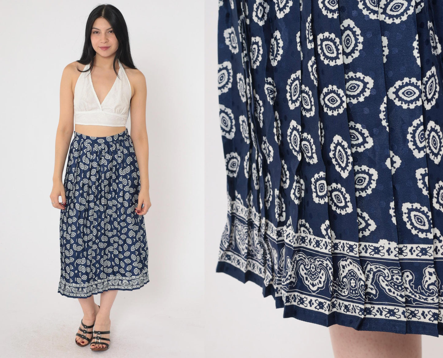 90s Geometric Midi Skirt High Waisted Pleated Blue Paisley Print Small