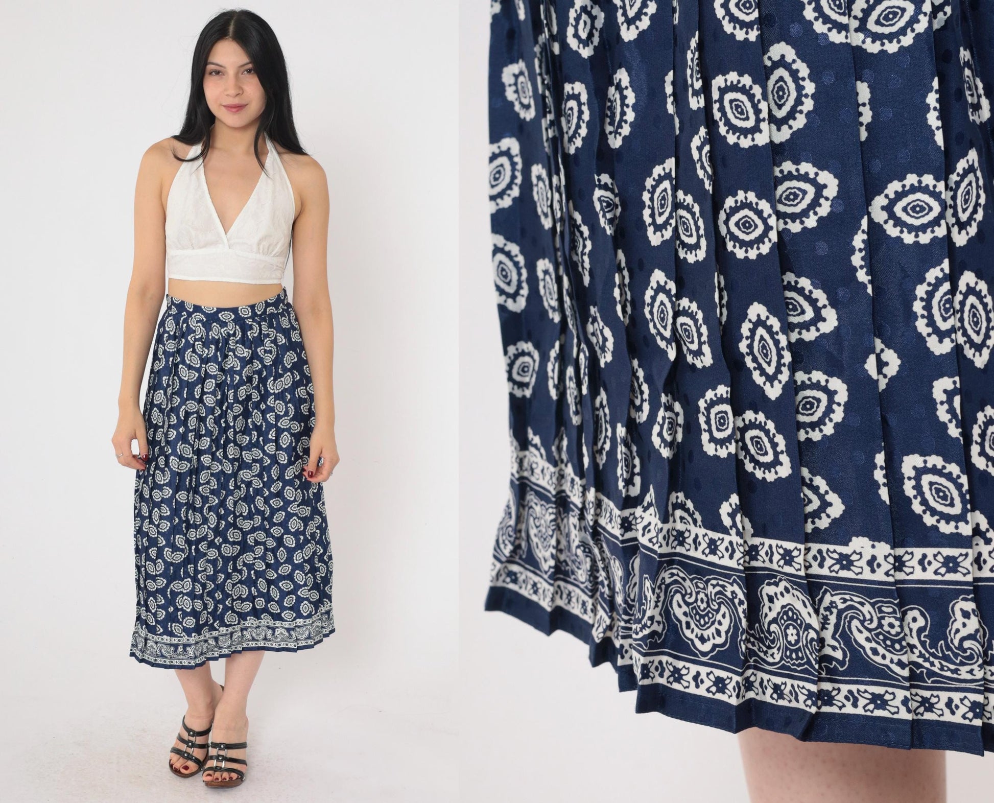 90s Geometric Midi Skirt High Waisted Pleated Blue Paisley Print Small