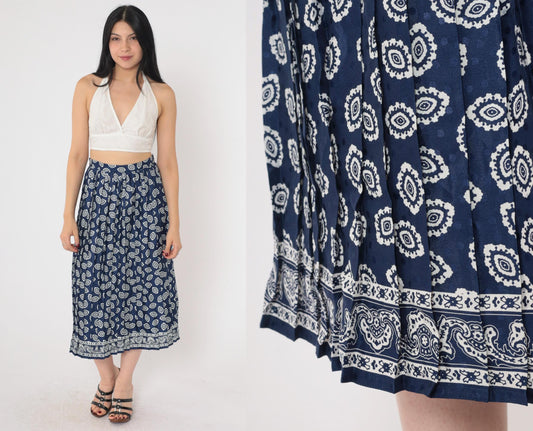 90s Geometric Midi Skirt High Waisted Pleated Blue Paisley Print Small