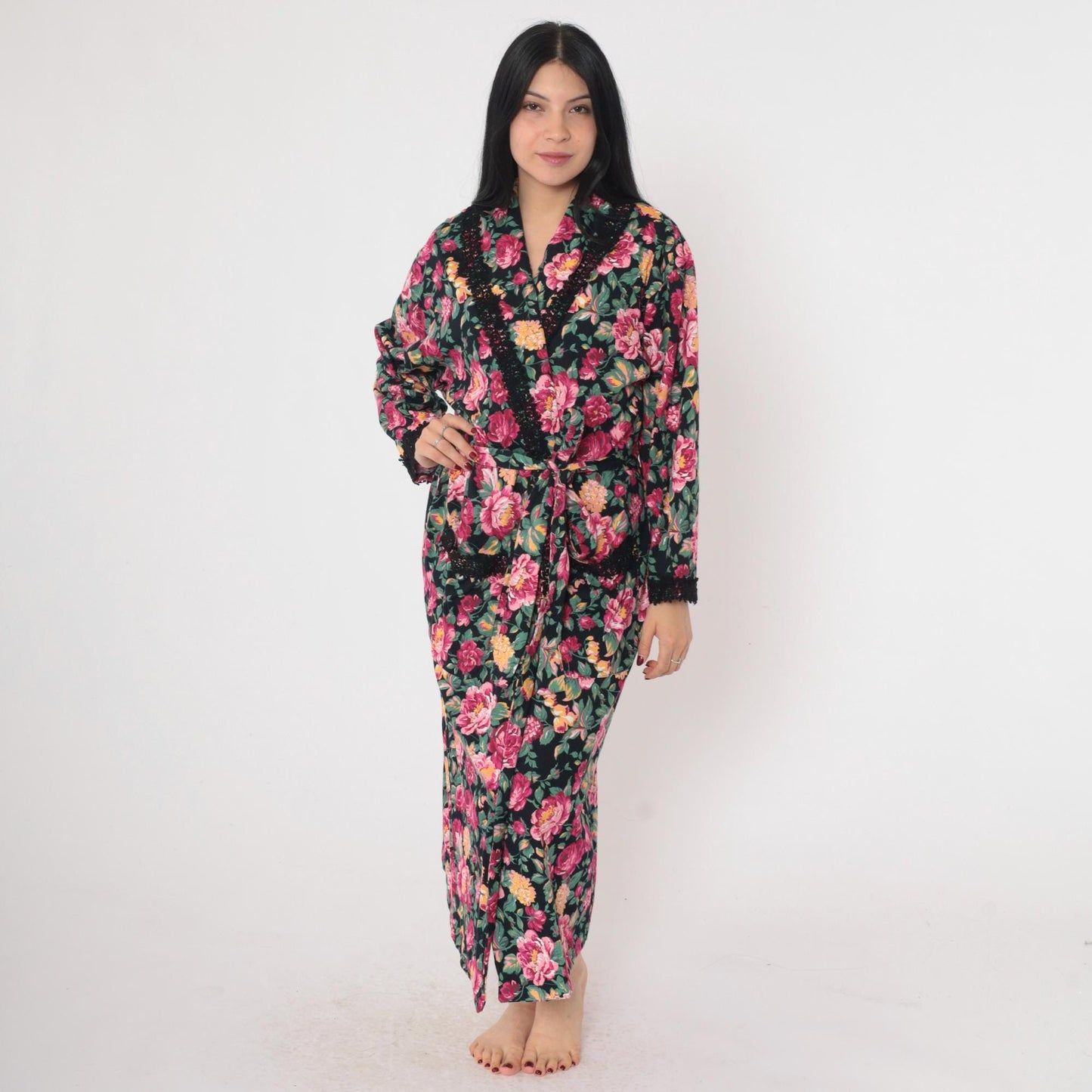 90s Victoria's Secret Floral Robe Pink Black Lace Trim Wrap Ankle Length Small Petite