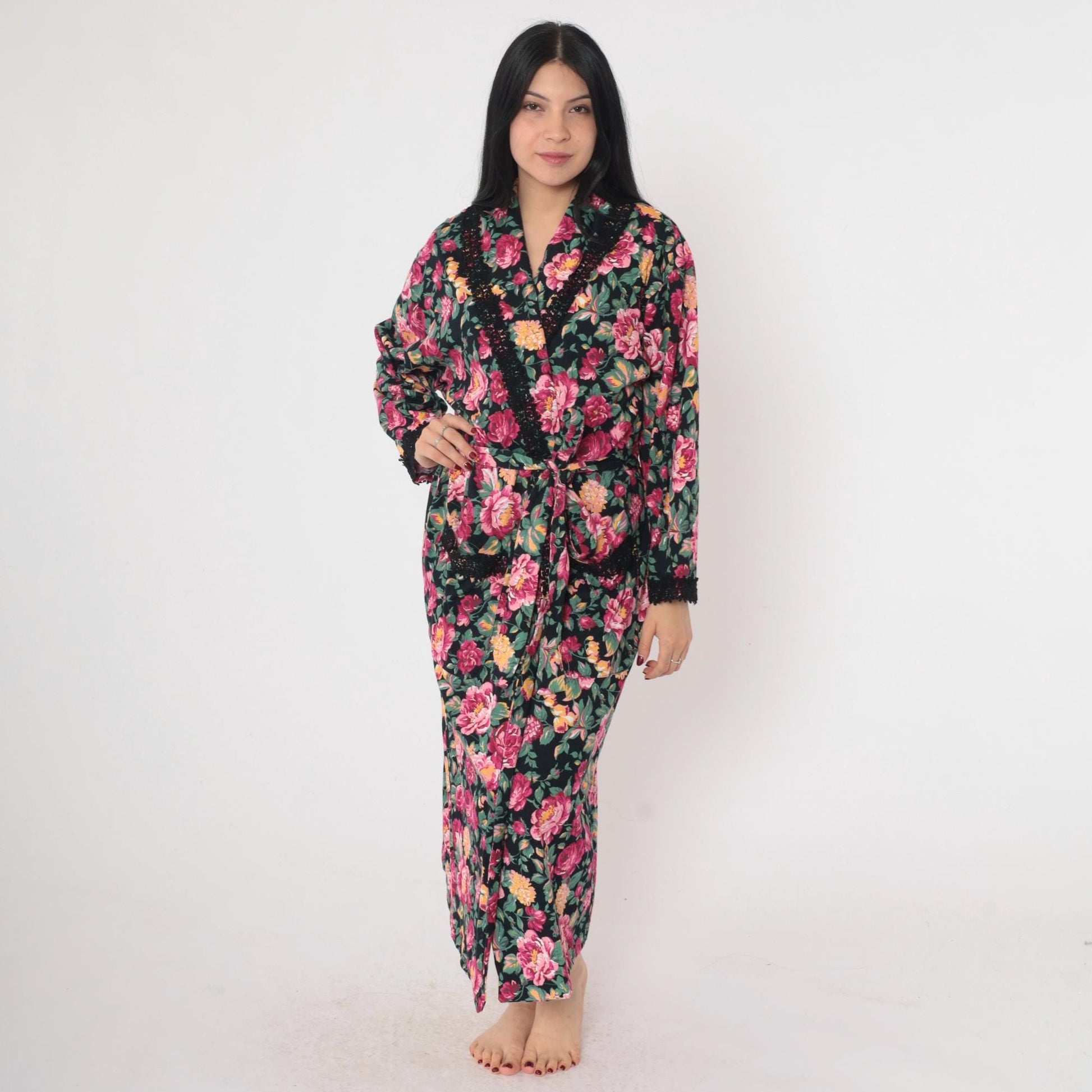 90s Victoria's Secret Floral Robe Pink Black Lace Trim Wrap Ankle Length Small Petite