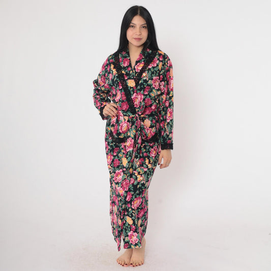 90s Victoria's Secret Floral Robe Pink Black Lace Trim Wrap Ankle Length Small Petite