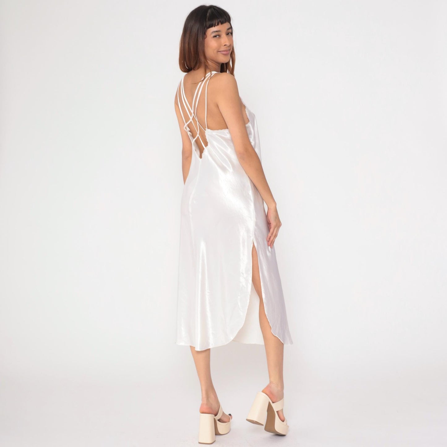 90s White Satin Slip Dress Midi Lace Trim Criss-Cross Back Large
