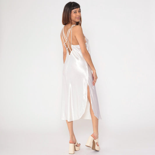 90s White Satin Slip Dress Midi Lace Trim Criss-Cross Back Large