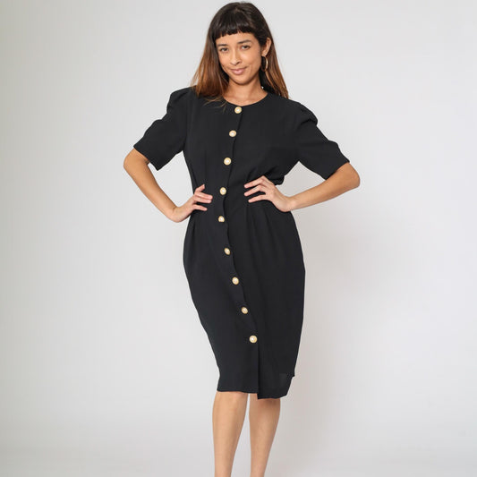 90s Ms Chaus Black Button-Up Midi Dress Puff Sleeve Pencil Medium 8