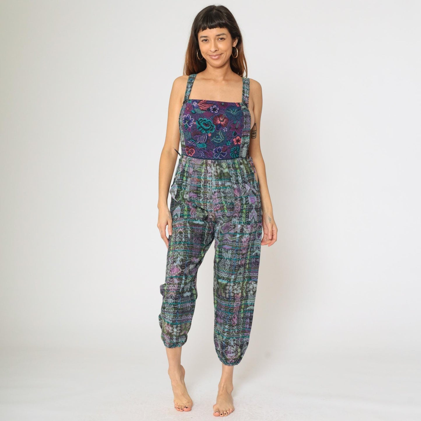 90s Guatemalan Patchwork Jumpsuit Floral Bird Print Square Neck Open Sides Large