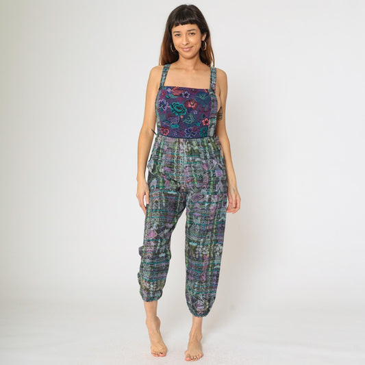 90s Guatemalan Patchwork Jumpsuit Floral Bird Print Square Neck Open Sides Large