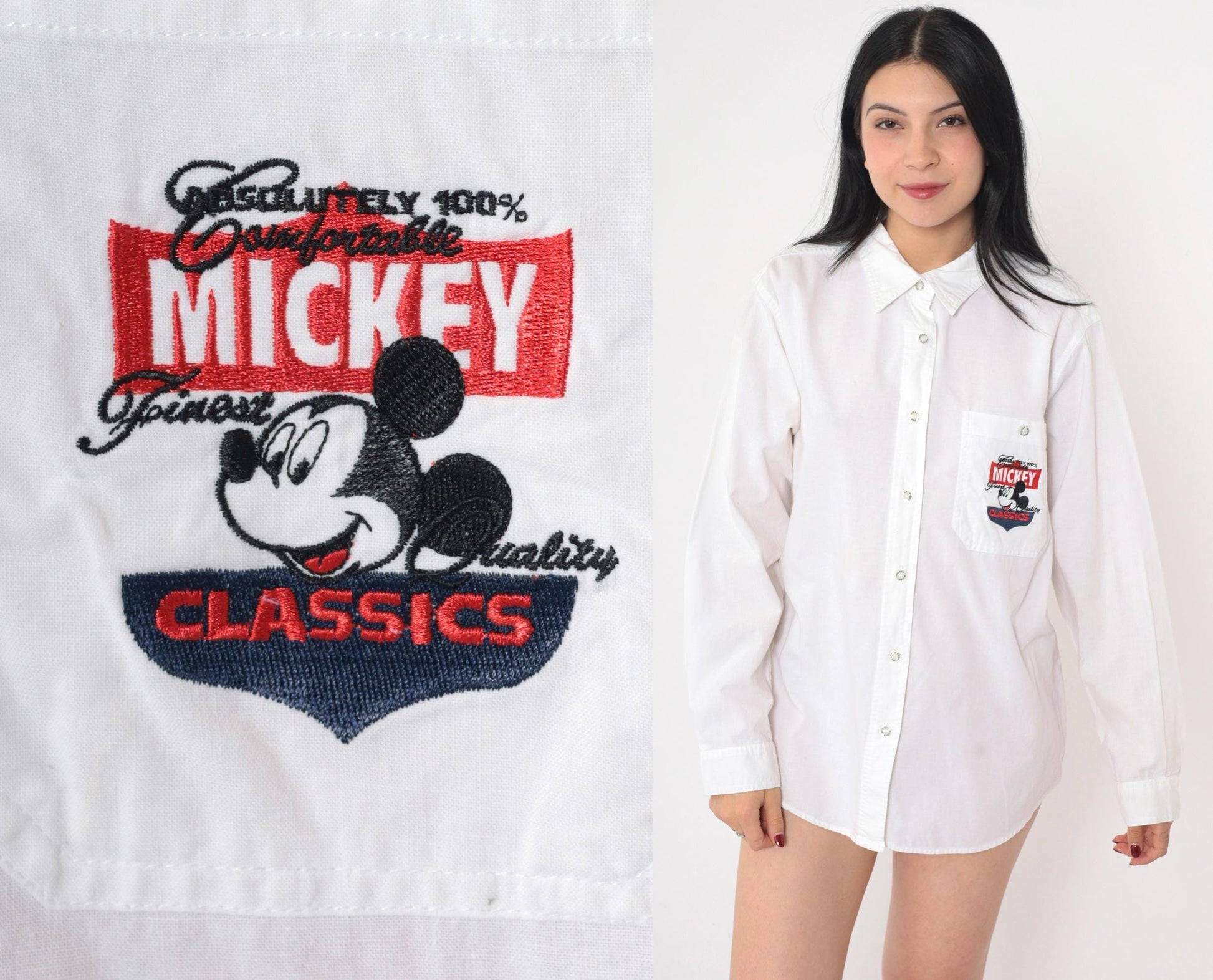 90s Mickey Unlimited Disney Shirt White Cotton Button Up Long Sleeve Large