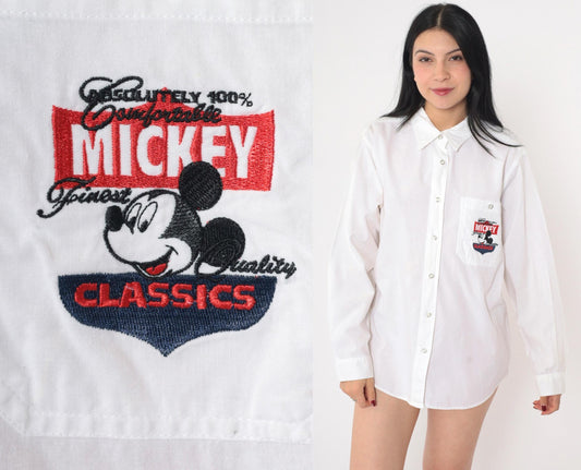 90s Mickey Unlimited Disney Shirt White Cotton Button Up Long Sleeve Large