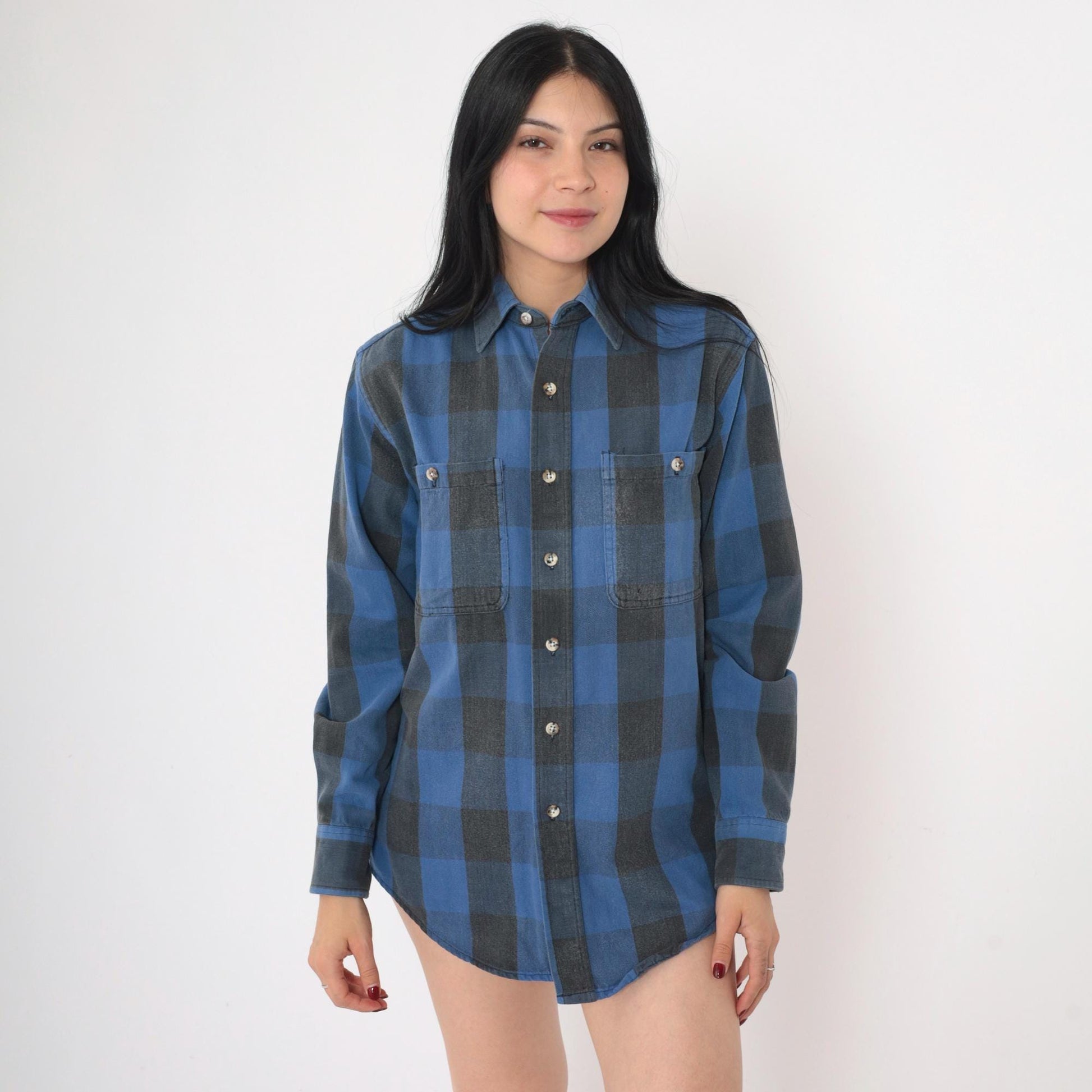 90s St Johns Bay Buffalo Plaid Button-Up Shirt Blue Black Cotton Small