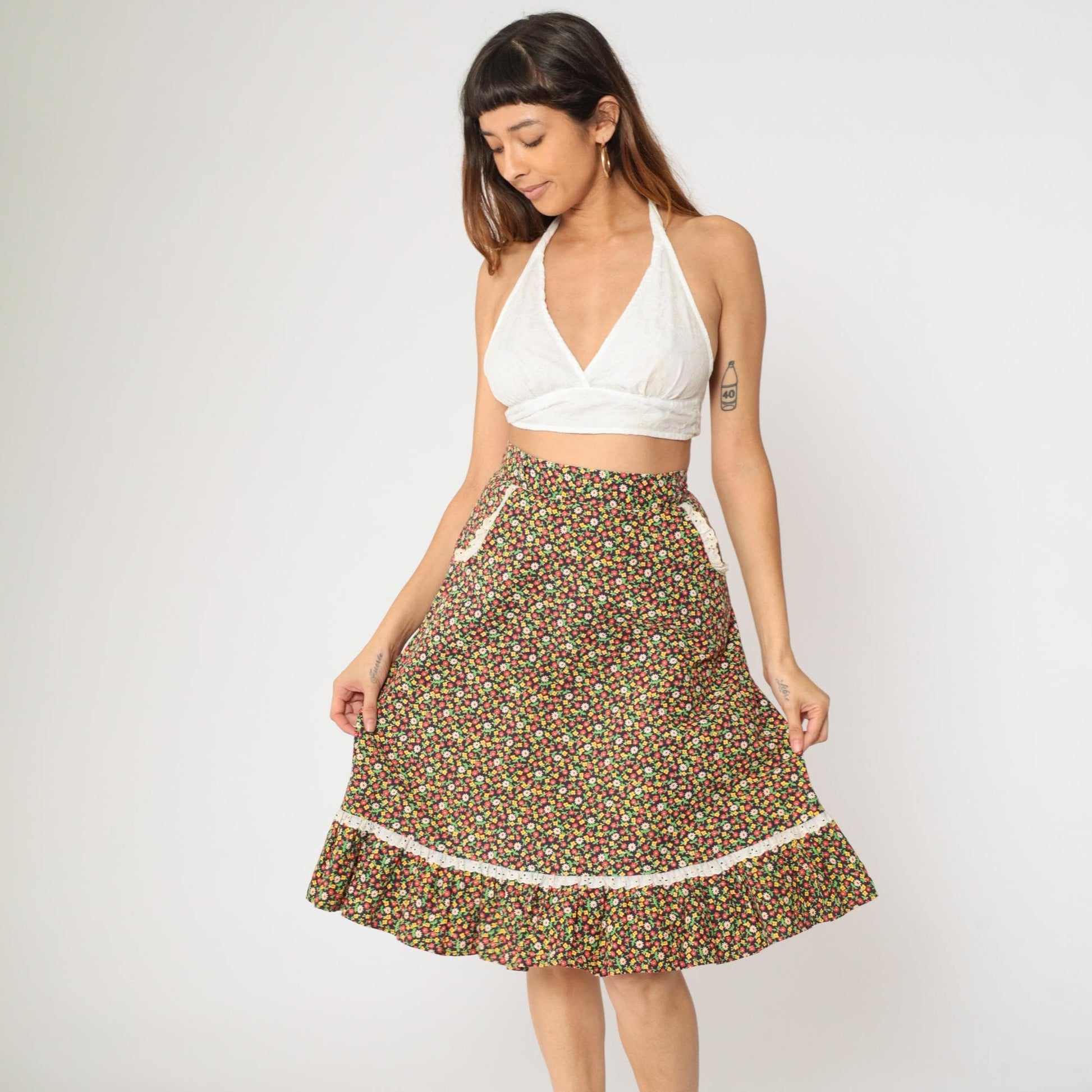 70s Floral Calico Midi Skirt High Waist Eyelet Lace Tiered Ruffle Small