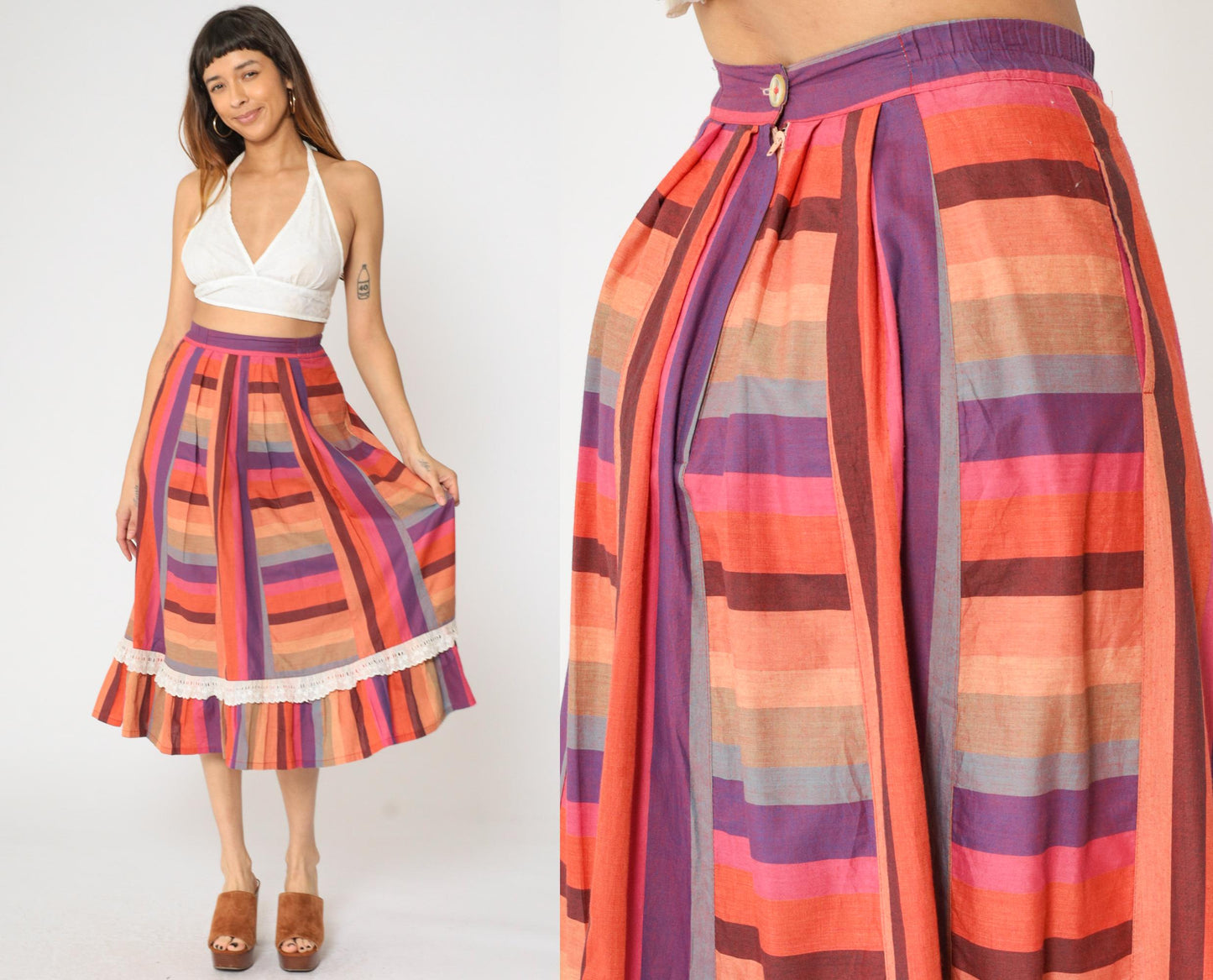 80s Striped Prairie Midi Skirt Pink Purple Orange Lace High Waisted Small
