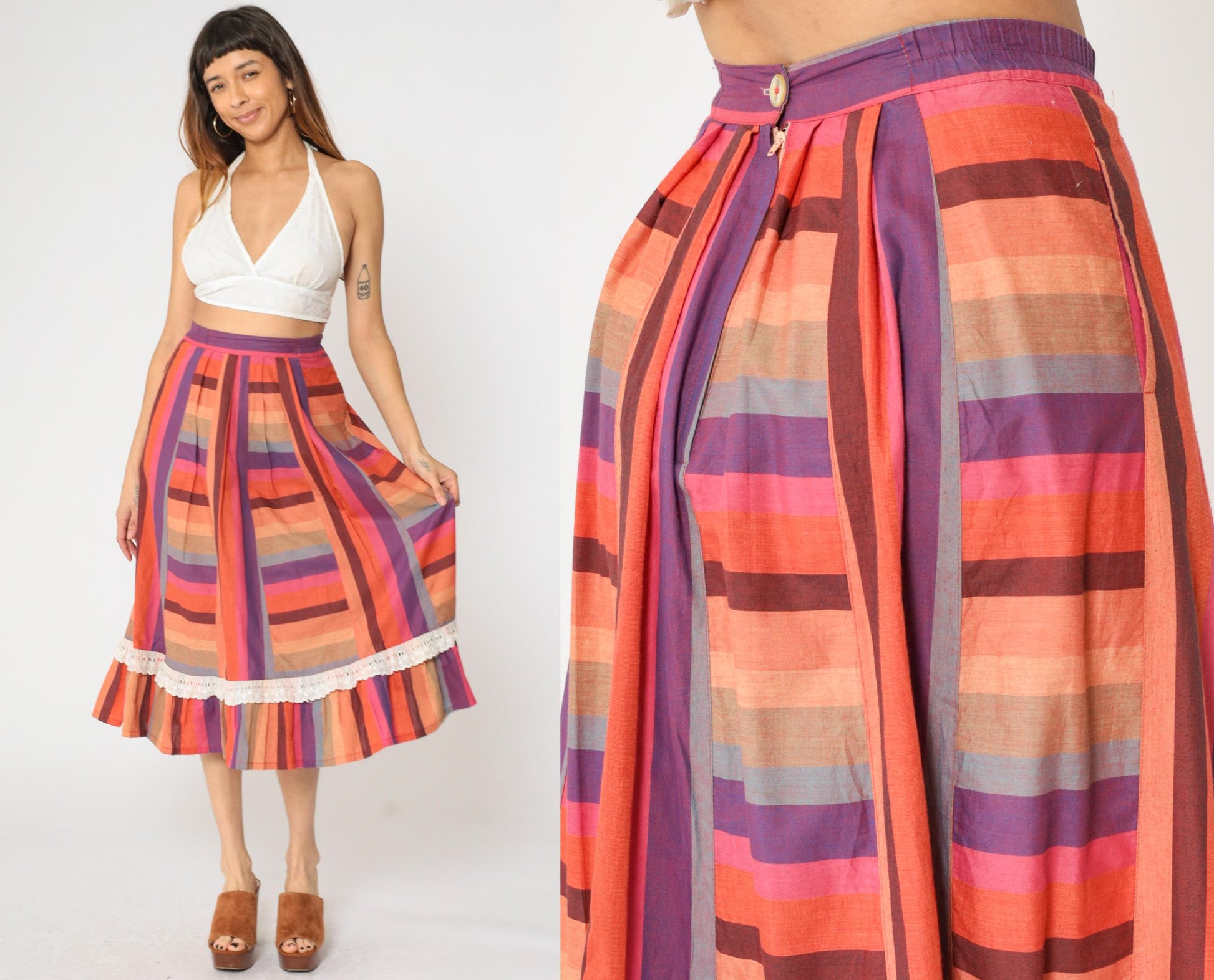 80s Striped Prairie Midi Skirt Pink Purple Orange Lace High Waisted Small