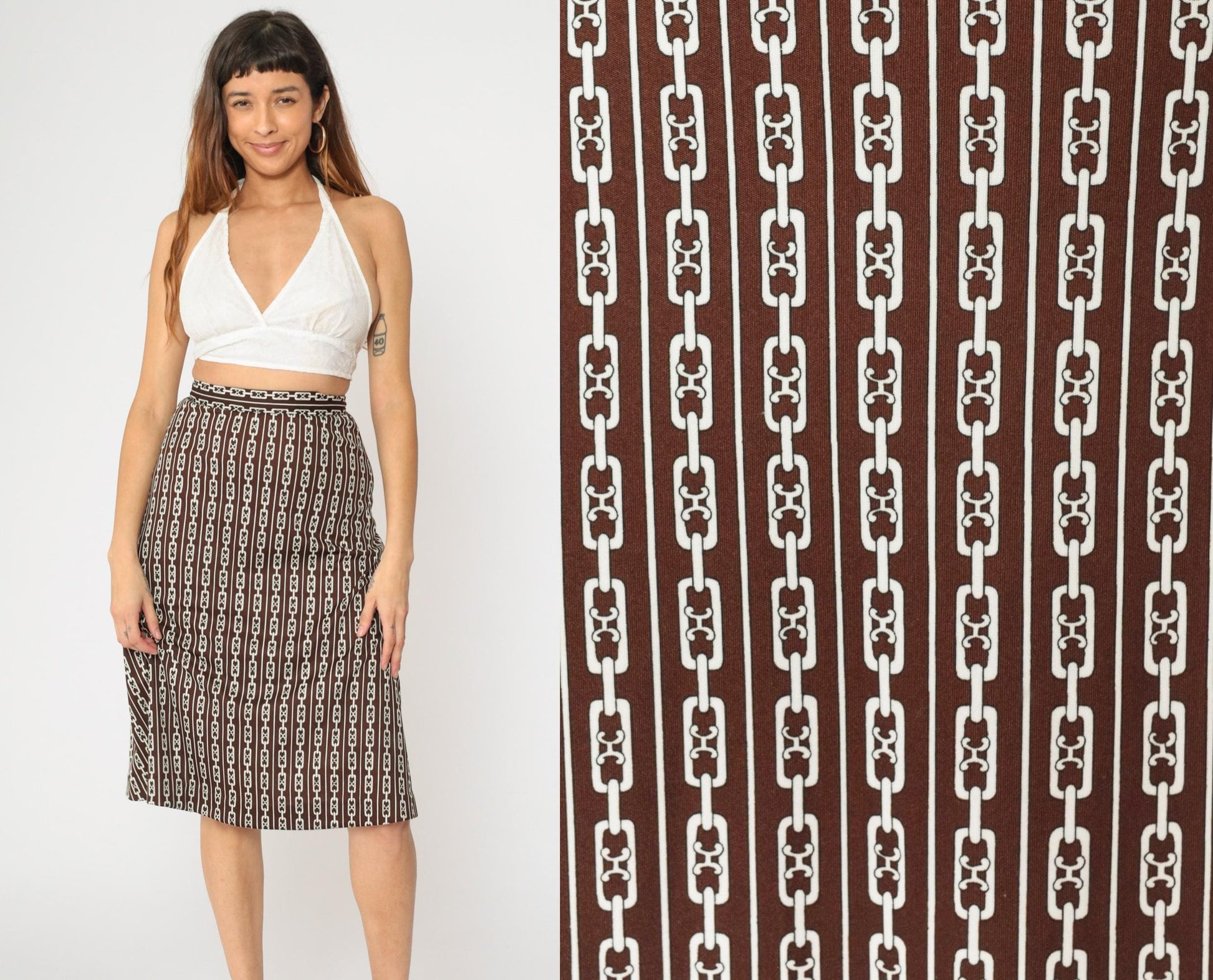 60s Brown Chain Print Midi Skirt A-Line High Waist Flared Small