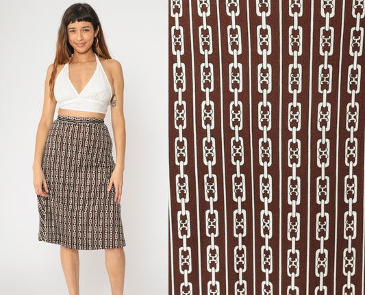 60s Brown Chain Print Midi Skirt A-Line High Waist Flared Small