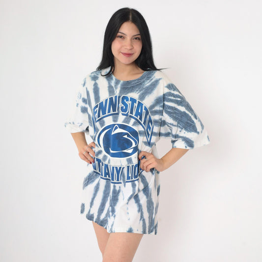 90s Penn State Nittany Lions Tie Dye T-Shirt Blue White Graphic Tee Extra Large XL