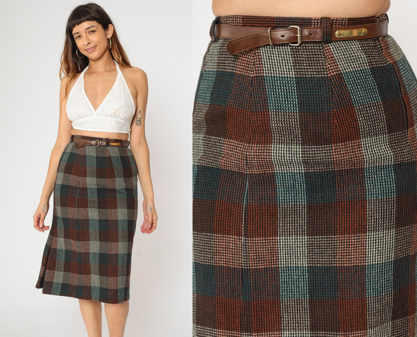 80s Wool Checkered Midi Skirt High Waist Pleated Orange Teal Brown Small