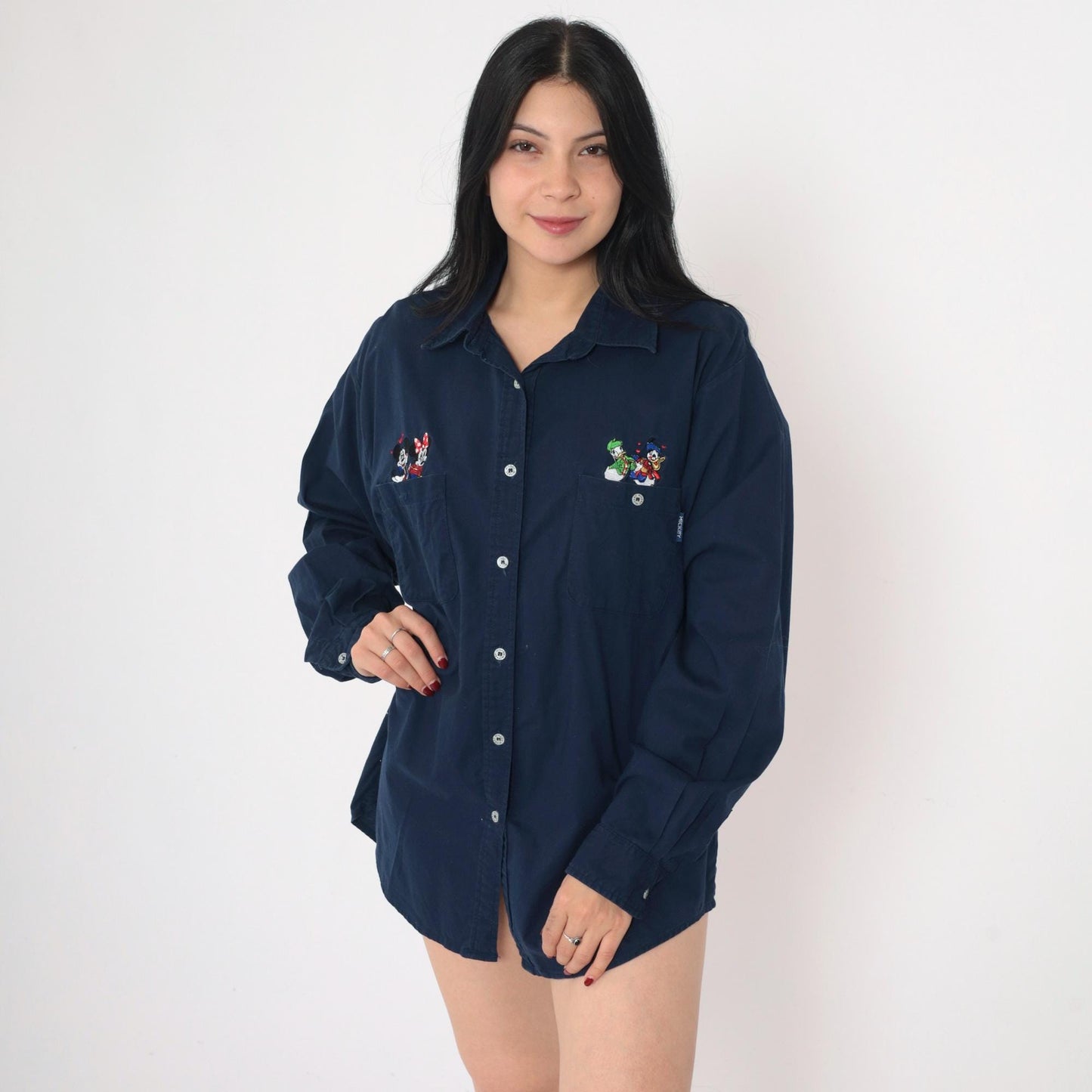 90s Mickey Unlimited Disney Embroidered Button Up Shirt Navy Large