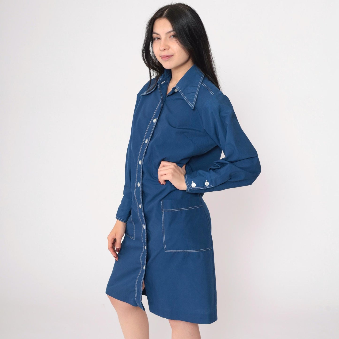 70s Dark Blue Dagger Collar Shift Dress Button-Up Long Sleeve Medium