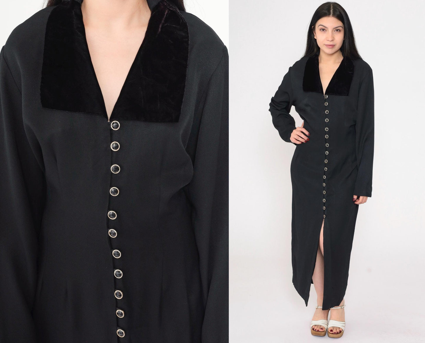 90s Black Velvet Collar Maxi Shirtdress Button Front Slit Large L