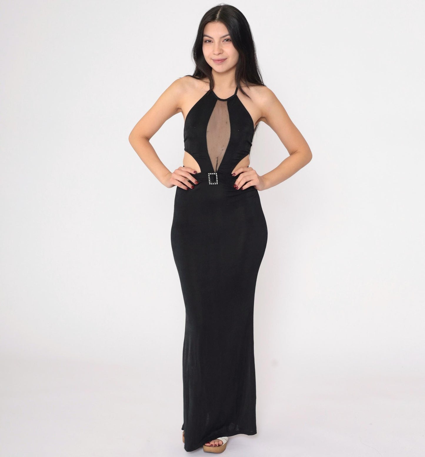 90s Black Halter Maxi Dress Mesh Cutout Open Back Evening Small
