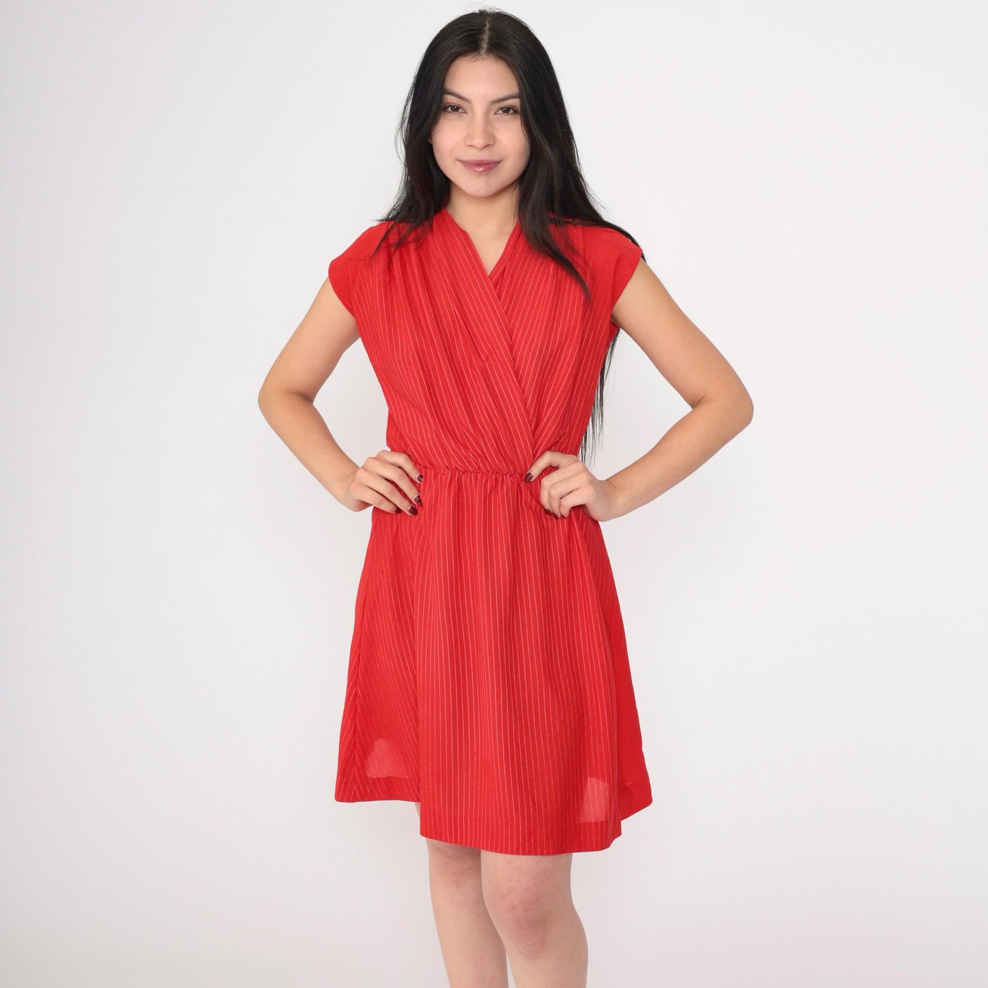 70s Red Striped Wrap Dress V Neck Mini Elastic Waist Cap Sleeve Small