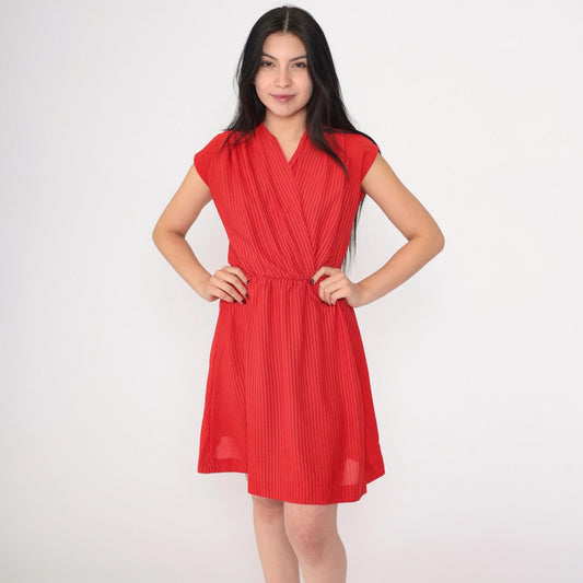 70s Red Striped Wrap Dress V Neck Mini Elastic Waist Cap Sleeve Small