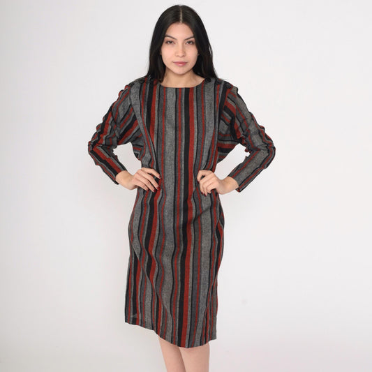 80s Grey Red Striped Midi Shift Dress Button Shoulders Long Sleeve Medium