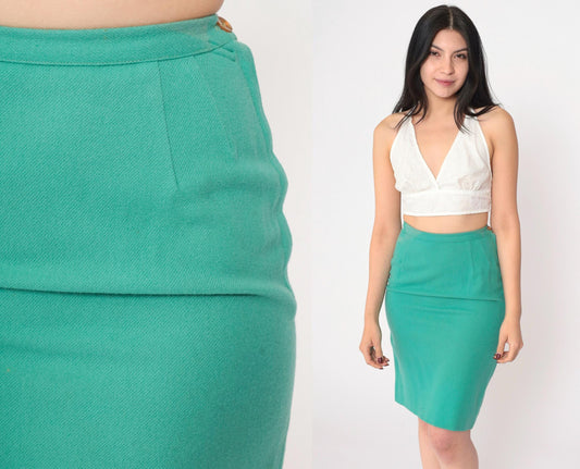 1960s Green Wool Pencil Skirt High Waist Mini Back Zip Extra Small