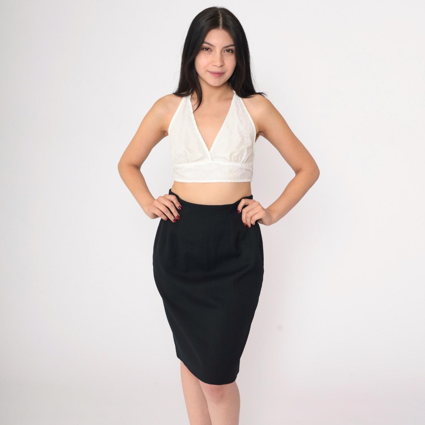 90s Black Pencil Skirt High Waisted Knee Length Small