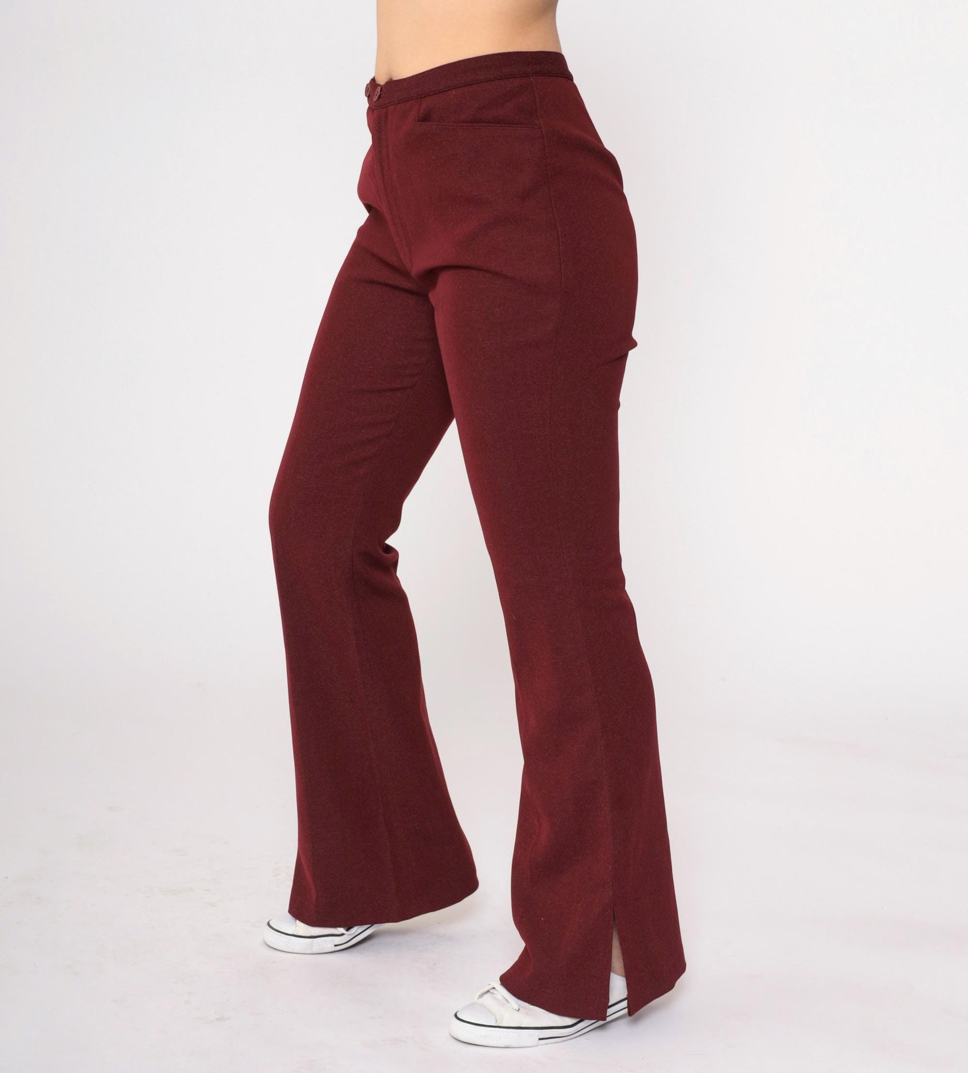 70s Burgundy Bell Bottom Pants High Waist Flared Leg Side Slits Small