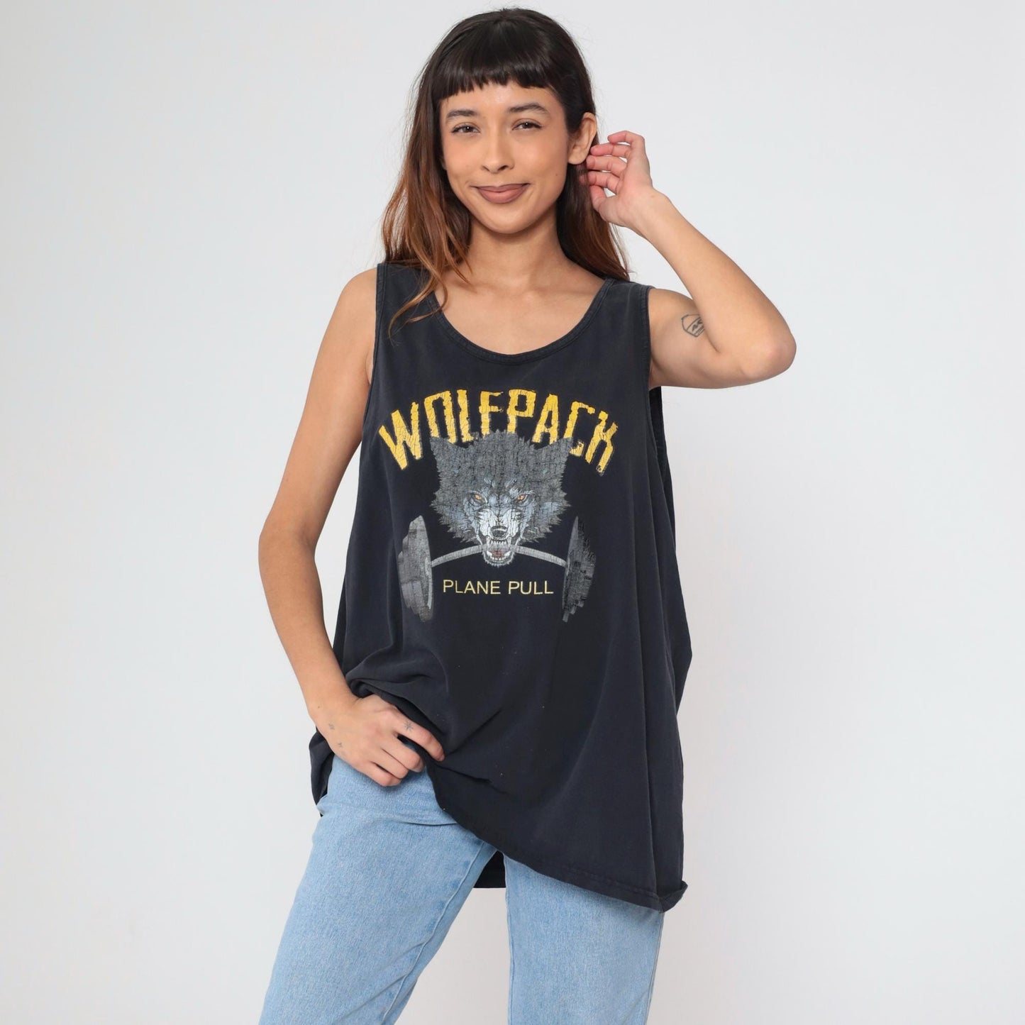 90s Wolfpack Plane Pull Wolf Graphic Tank Top Black Distressed XXL