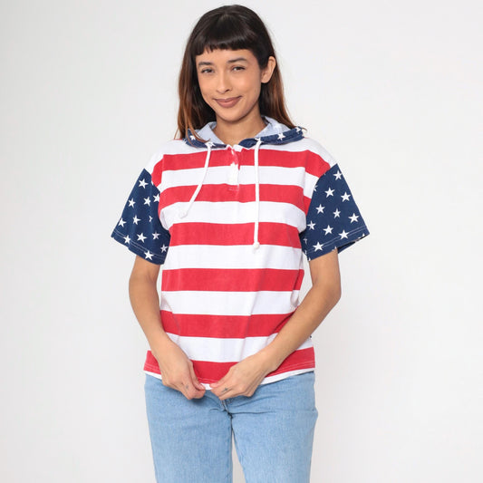 90s American Flag Stars and Stripes Hooded T-Shirt Cotton Youth Extra Large