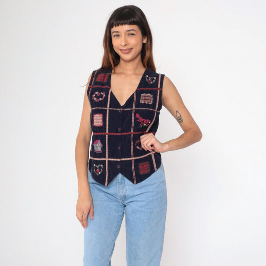 90s Navy Corduroy Patchwork Vest Button-Up Sleeveless Medium