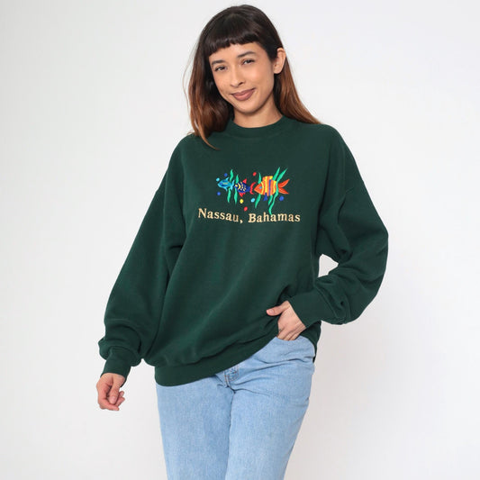 90s Nassau Bahamas Sweatshirt Dark Green Embroidered Fish Crewneck Extra Large XL