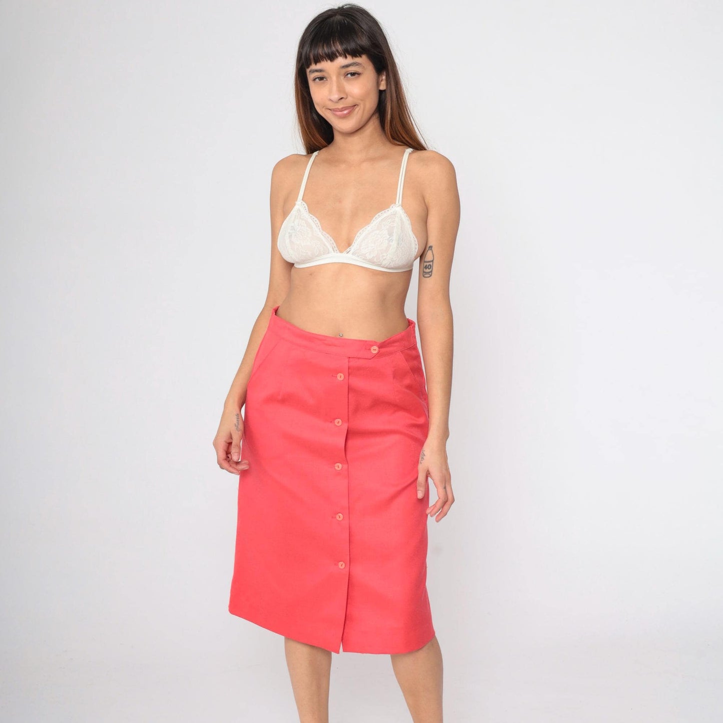 70s Sears Button-Front Midi Skirt Coral Pink High Waist Medium