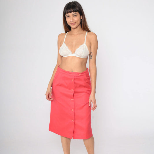 70s Sears Button-Front Midi Skirt Coral Pink High Waist Medium