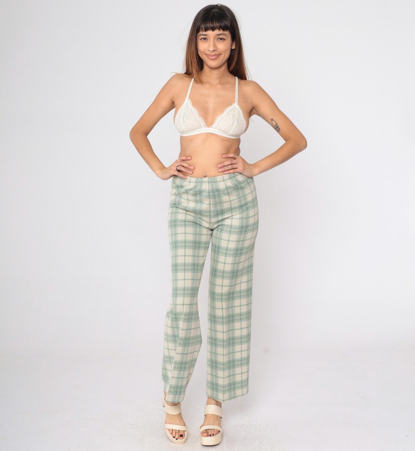 70s Plaid High-Waisted Trousers Cream Green Checkered Straight Leg Small