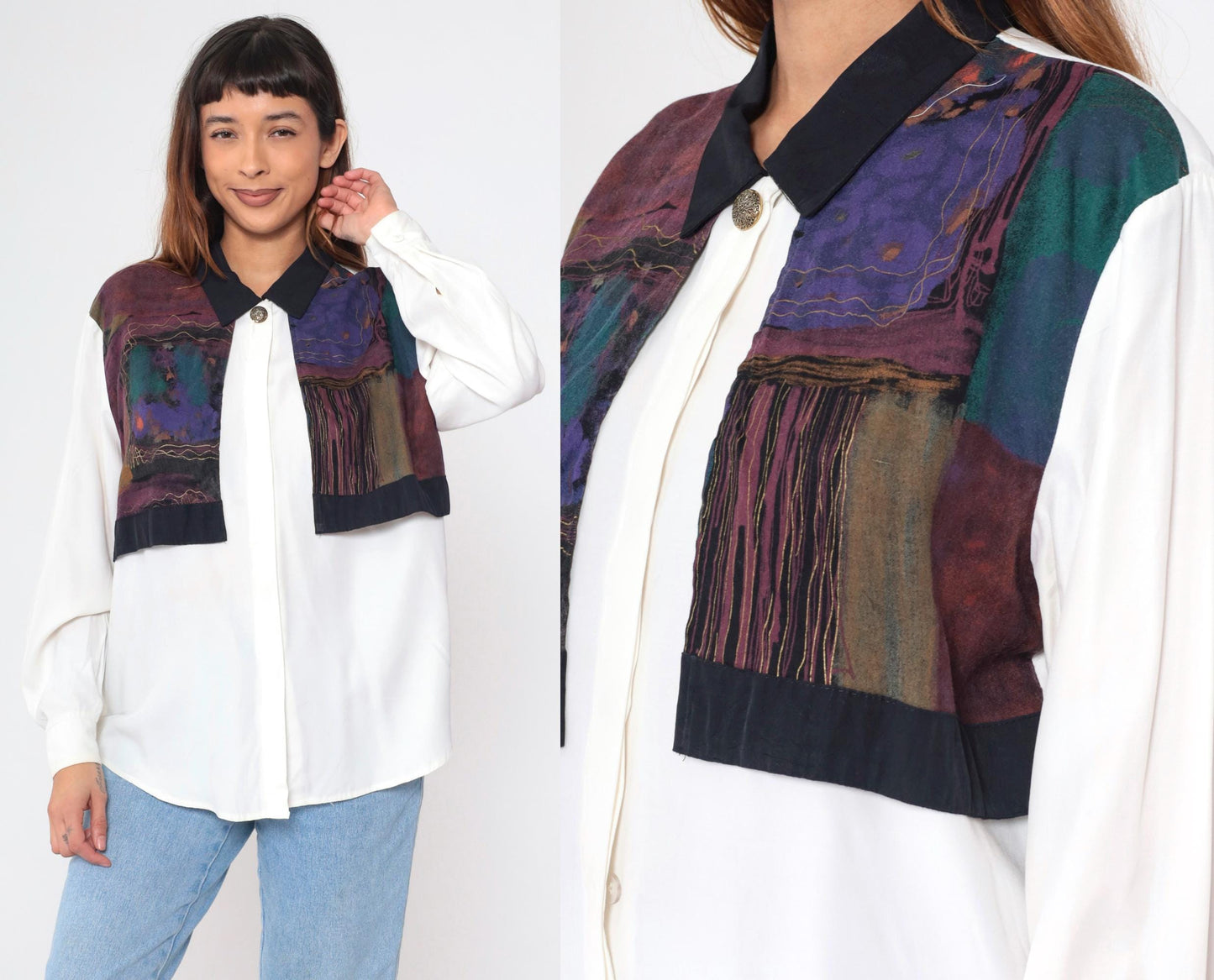 90s Trés Paquette Geometric Gold Metallic Button Up Blouse Large L