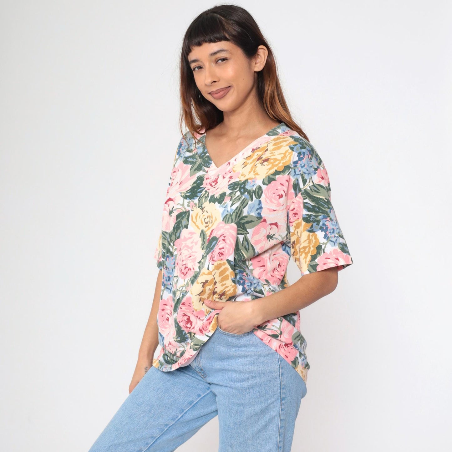 90s Express Tricot Floral T-Shirt Pink Rose Yellow Blue V-Neck Large L