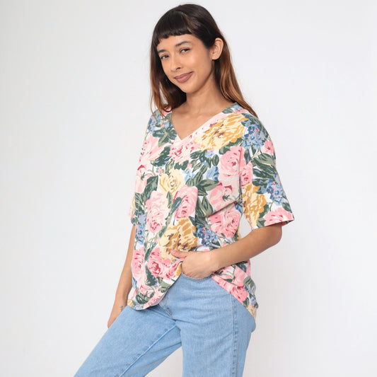 90s Express Tricot Floral T-Shirt Pink Rose Yellow Blue V-Neck Large L