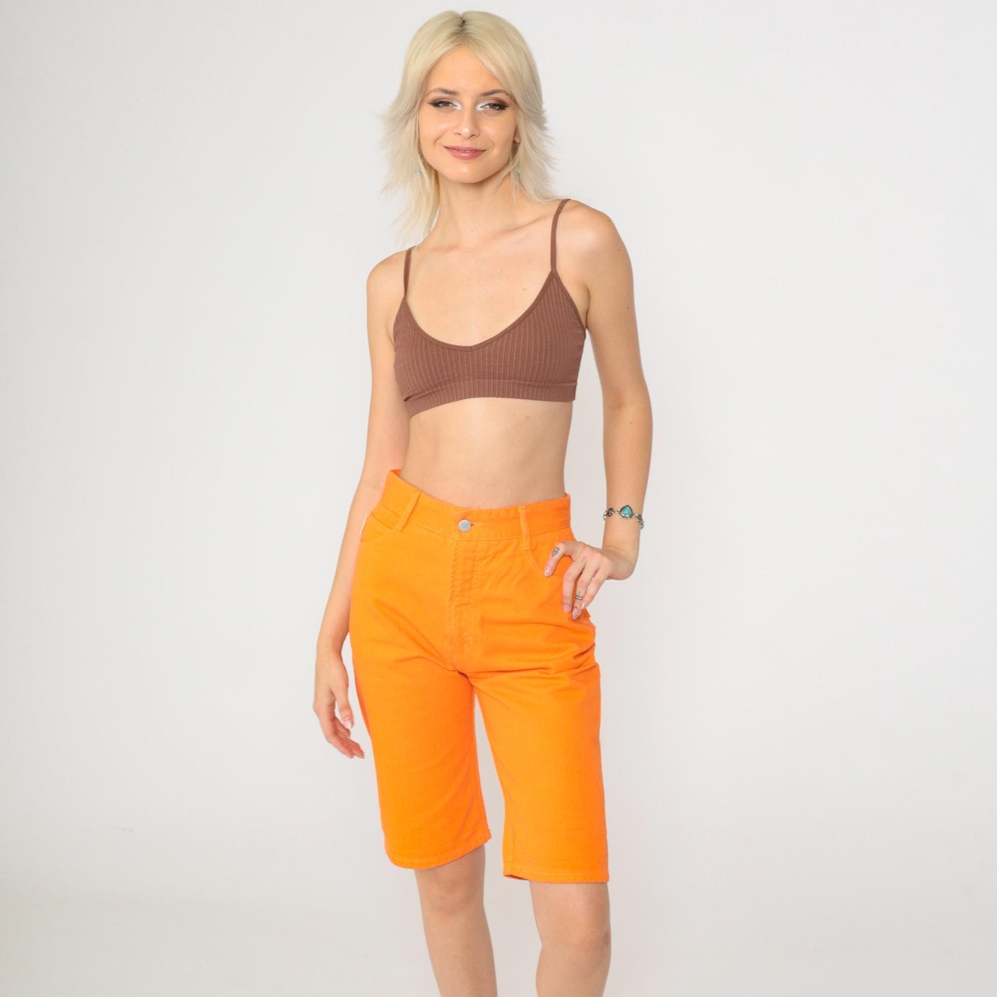 90s Bongo Denim Bermuda Shorts Bright Orange High Waist Extra Small