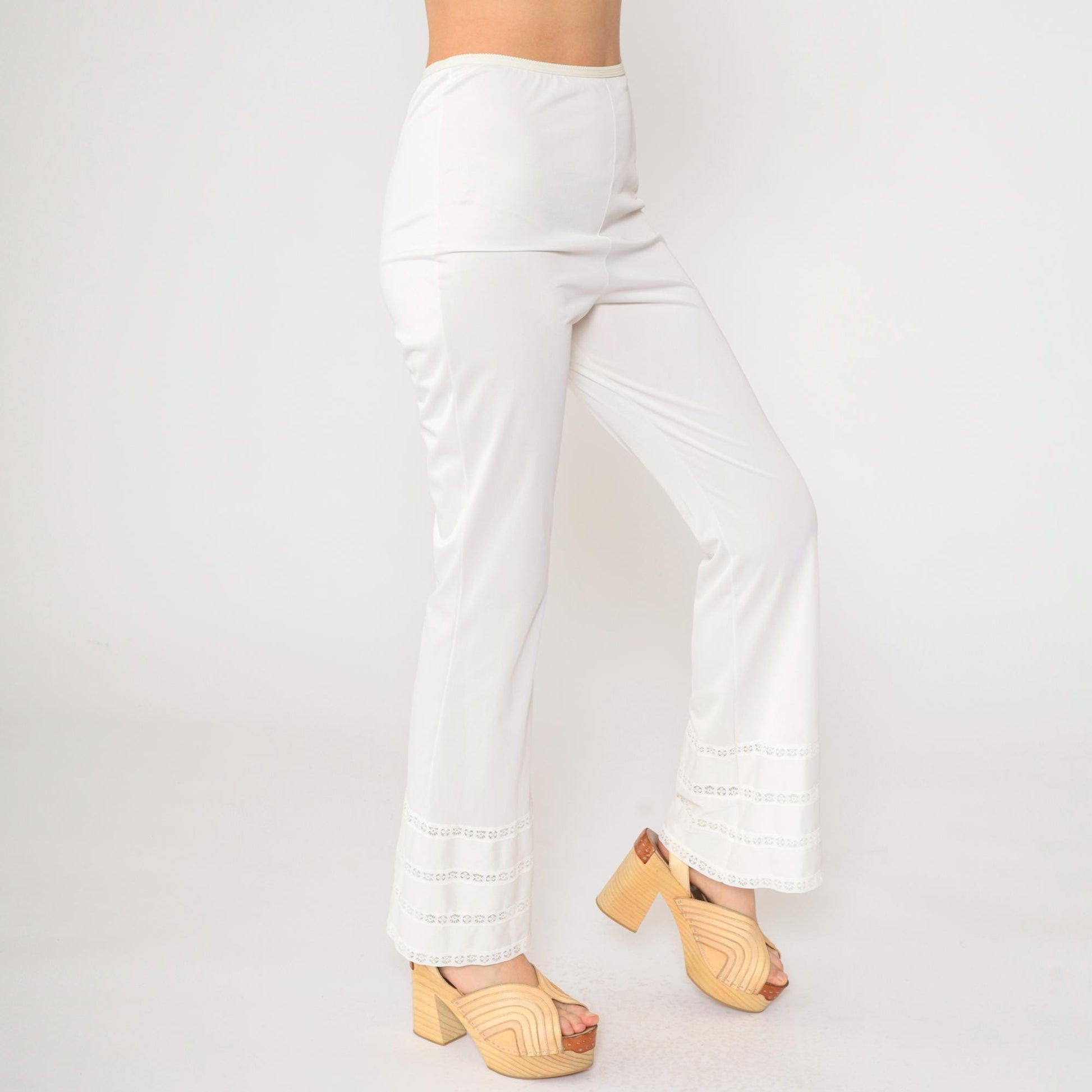 70s Gossara Artemis White Nylon Flared Lounge Pants Lace Trim Small