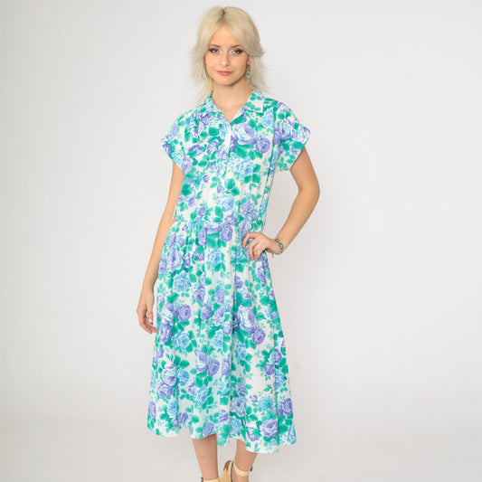 80s Floral Midi Dress Purple Rose Print High Waist Button Up Cap Sleeve Medium